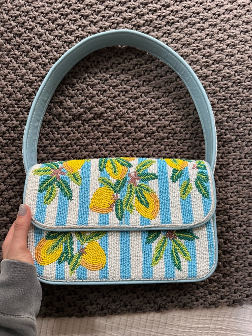 Beaded Lemon Stripe Shoulder Bag - Blue & Yellow